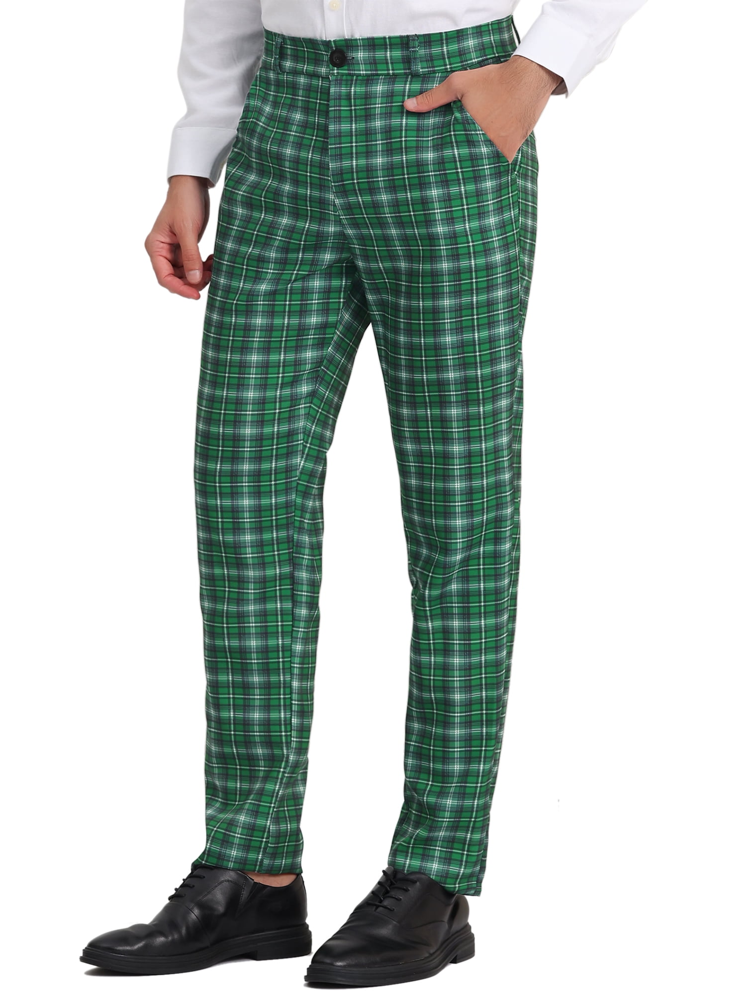 Unique Bargains Men's Checked Suit Pants Flat Front Elastic Waist Plaid Pants 32 Dark Green