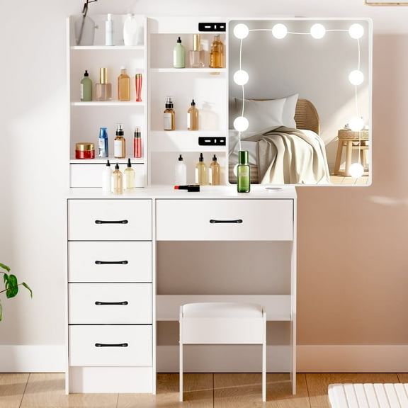 Caulitar Makeup Vanity Desk with Sliding Mirror and Lights, 3 Color Modes, Vanity Set with Cushioned Stool, White