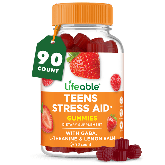 Lifeable Stress Aid Gummies for Teens | with Lemon Balm, GABA And L Theanine Supplements | Vegan Non GMO Mood Support Supplement | Great Tasing Stress Vitamins | L-Theanine for Teen | 90 Gummies