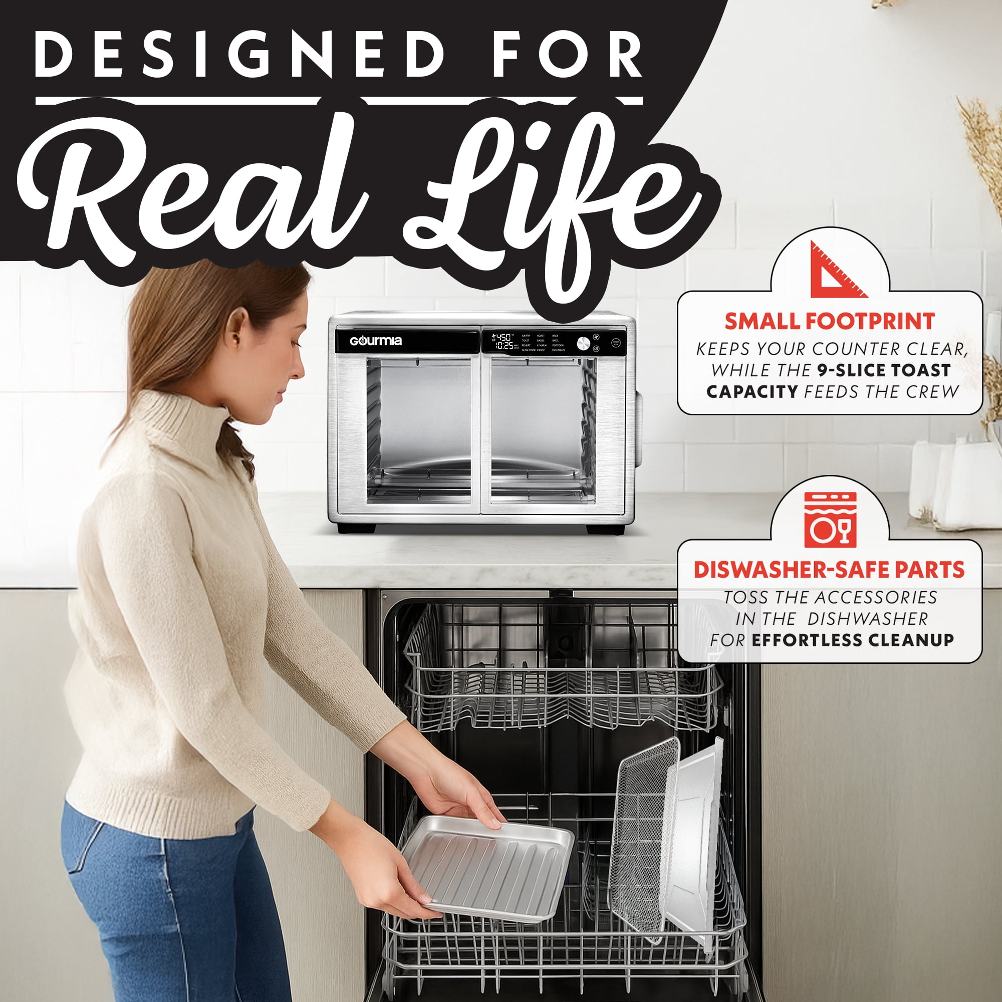 Gourmia Air Fryer French Door Toaster Oven - 9 Slice Capacity, 12 Presets, Stainless Steel