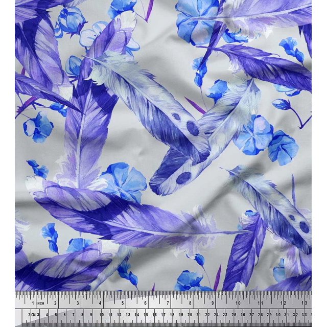 Soimoi Polyester Crepe Fabric Flowers & Feather Print Fabric by The Yard 42 Inch Wide