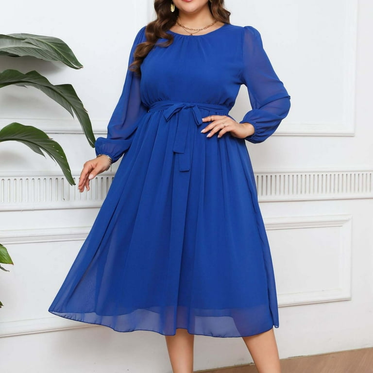 navy blue dress for baby girl Blmnix Fit & Flare Winter Dresses for Women 2026 Mesh Dress Plus Size Dress Crew Neck Long Sleeve Blue Beach Dresses for Women,XXXL, Women's, Size: