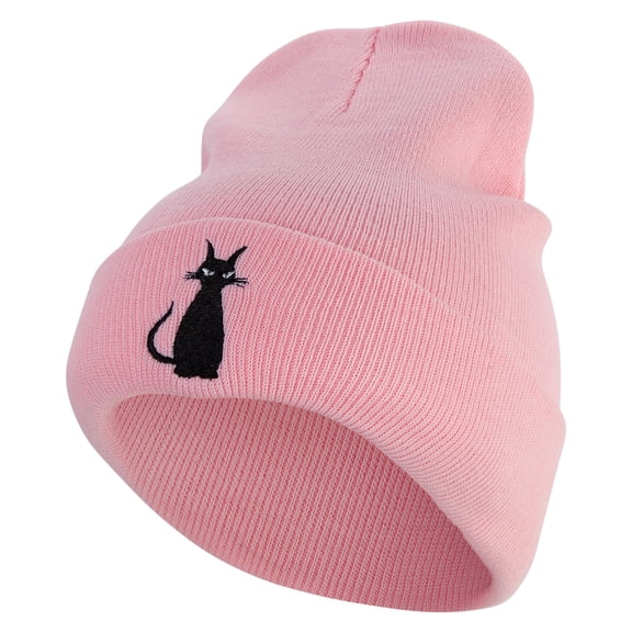 Halloween Black Cat Logo Embroidered 12 inch Acrylic Cuffed Long Beanie - Pink OSFM