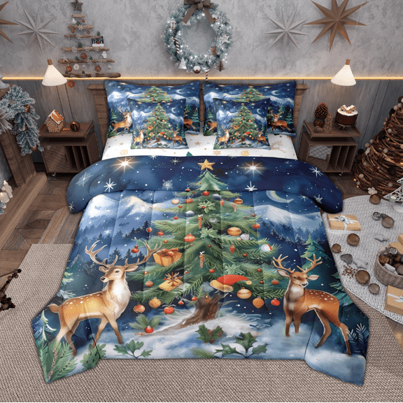 Manfei Green Christmas Tree Twin Bedding Sets 7 Pieces for Children, Merry Xmas Bedding Comforter Set, Cartoon Deer Stars Sheet Sets, Microfiber Bedroom Decor