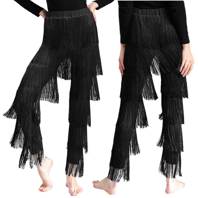 TiaoBug Womens Tassels Latin Dance Pants Ballroom Rumba Tango Salsa Practice Performance Pants Black S