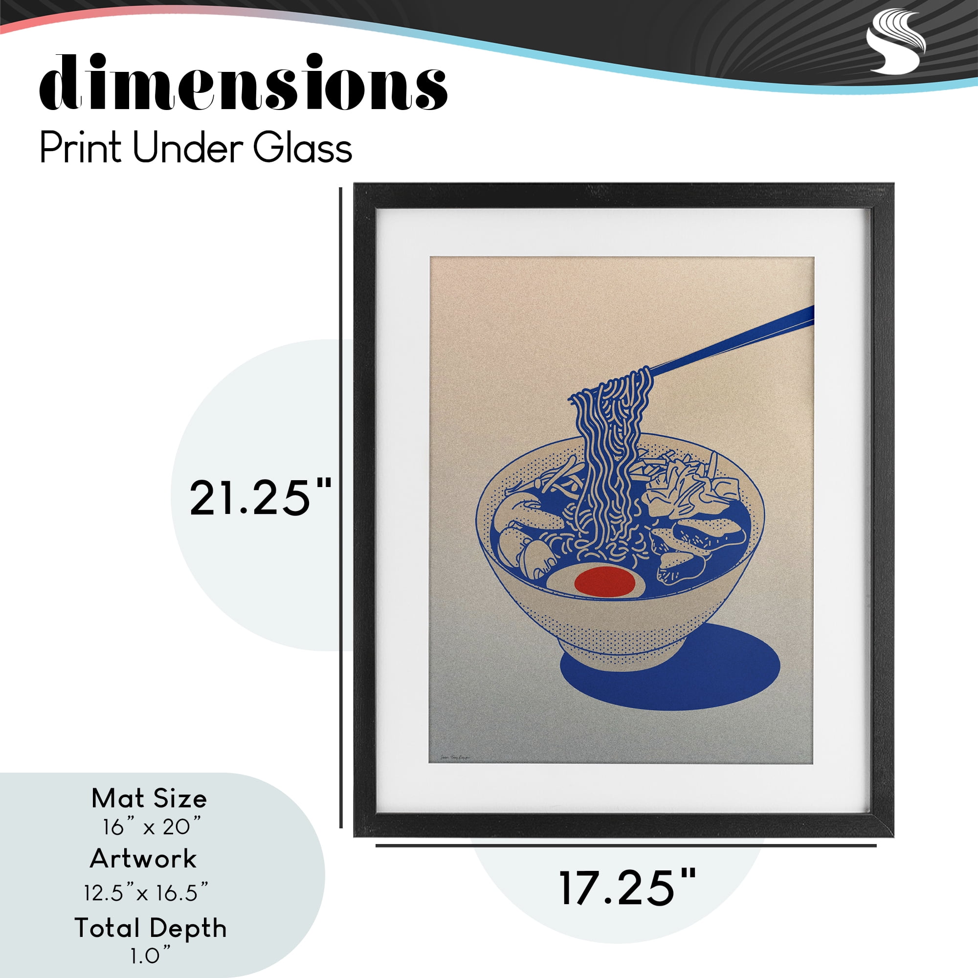 Ramen Noodle Bowl Gradient Black Framed Print Under Glass, design by Seven Trees Design