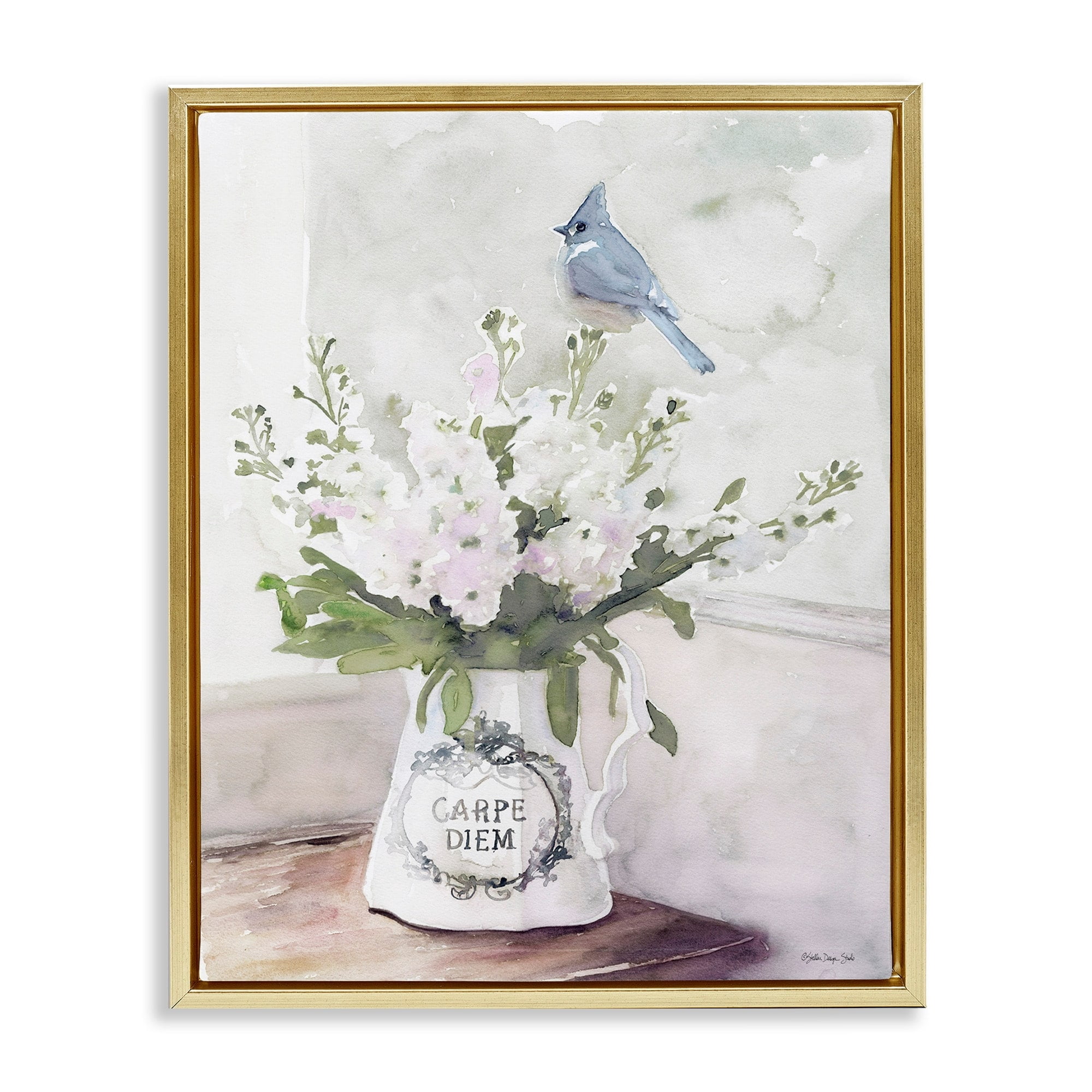 Stupell Industries Blue Cardinal on Spring Bouquet Carpe Diem Watercolor Metallic Gold Framed Floating Canvas Wall Art, 24x30, by Stellar Design Studio