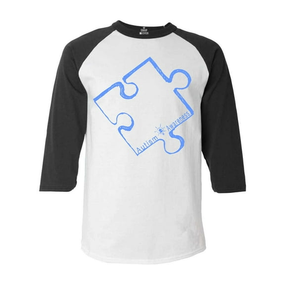 Shop4Ever Men's Blue Puzzle Piece Autism Awareness Raglan Baseball Shirt Medium White/Black