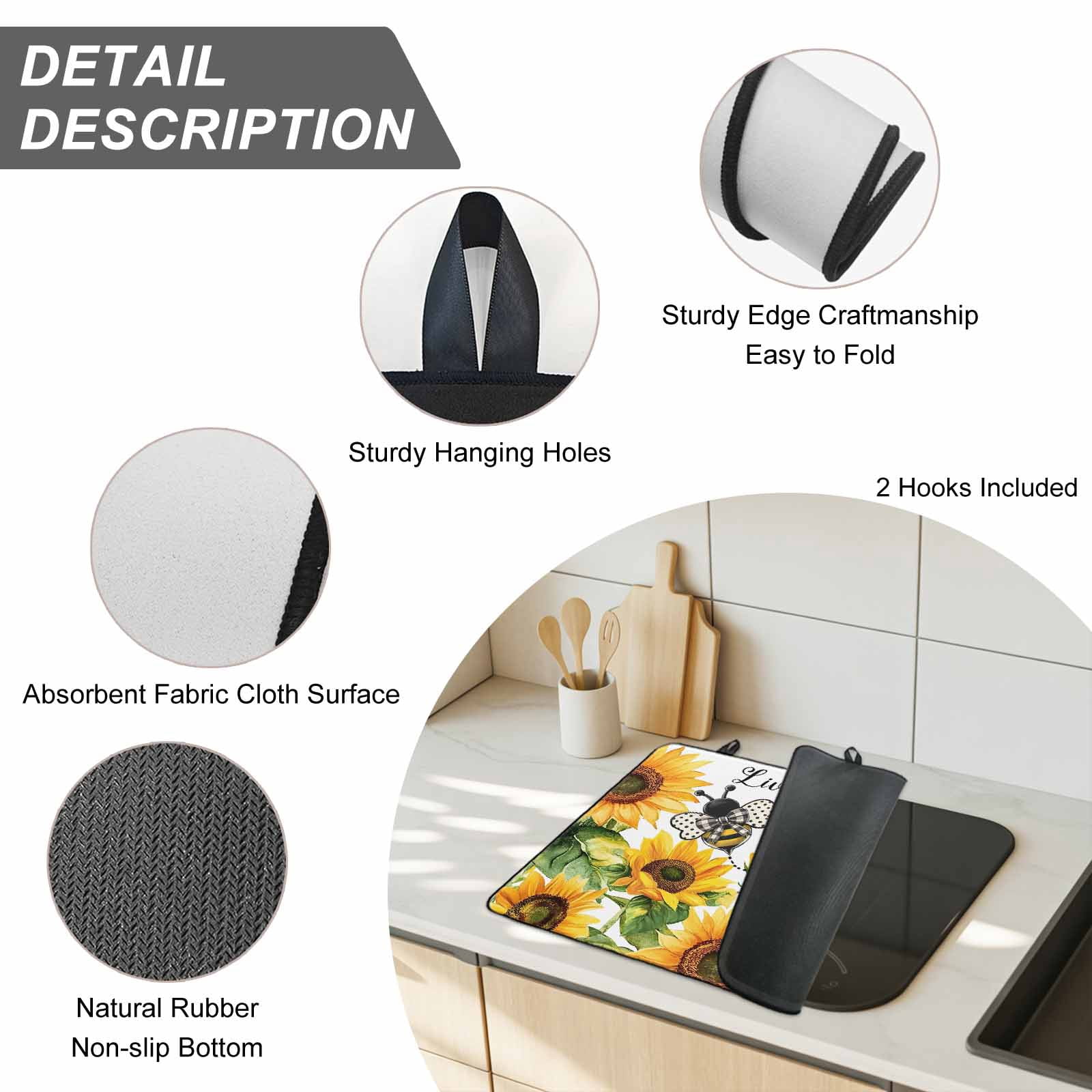 Sunflower Bee Stove Top Cover for Electric Stove, Heat-proof & Non Slip Glass Top Stove Cover Protector, Vintage Yellow Floral Farmhouse Watercolor Kitchen Flat Cooktop Rubber Mat 24x21 Inches