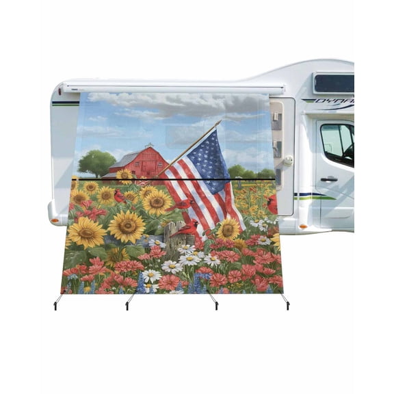 4th of July RV Awning Sun Shade Screen 9'X7' American Flag Sunflower Mesh Sunscreen Farmhouse Barn Bird Awning Shade Screen with Zipper UV Blocker Completed Kits for RV Motorhome Camper