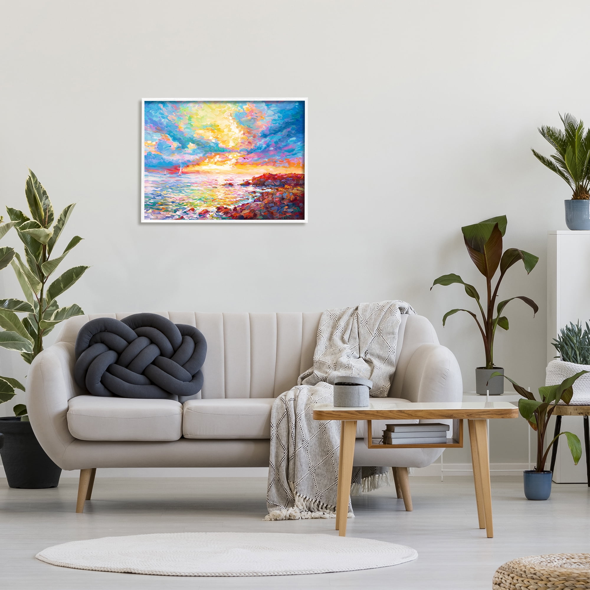 Stupell Industries Mediterranean Sunset Ocean Coast Landscape Painting White Framed Art Print Wall Art, 30 x 24