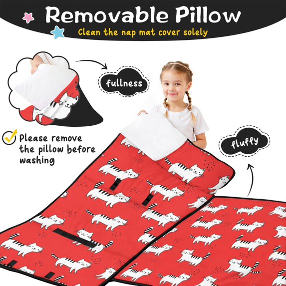 White Cat and Dot Red Pattern Teens Toddler Nap Mat with Pillow, Sleeping Mat Bag for Preschool Daycare 51"x22"