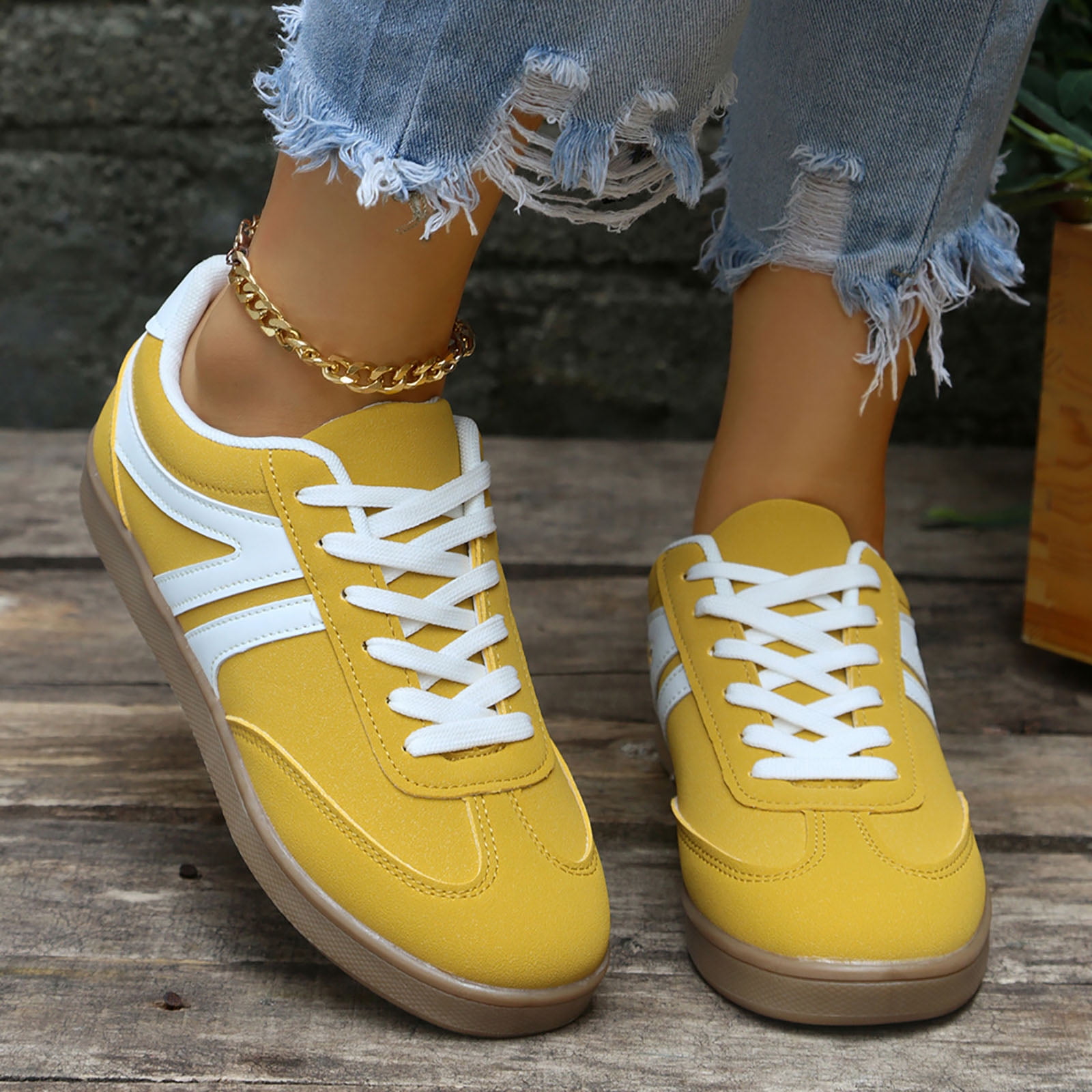 Tennis Shoes Womens Lace up Retro Classic Trainers Skate Shoes Fashion Suede Color Block Sneakers Nonslip Flat Walking Shoes Yellow Size 6