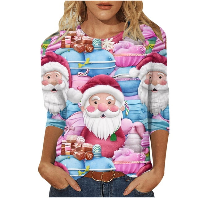 Liquidation Staron Hauts de Noël pour Femmes Hauts à Imprimé du Père Noël Manches 3/4 Mignon Col Ras du Cou T-Shirts Décontractés Amples Blouses Grande Taille Tuniques Hauts Rose TTTTG