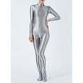 thumbnail image 4 of TiaoBug Women's Glossy Body Stocking Full Bodysuits Catsuits Yoga Mock Neck Zipper Jumpsuits Silver L, 4 of 6