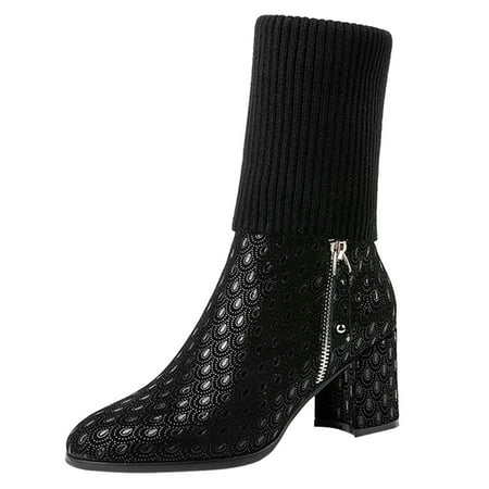 

ZHAGHMIN Boots For Woman Heel Mid-Tail Fashion Thick Pointed Stretch Boots Knitted Women S High Boots Women S Boots Rain Boots For Women Short Wide Calf Narrow Calf Boots For Women Womens Rain Boots