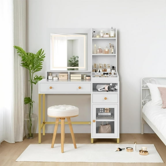 Vanity Desk with Mirror and Lights in 3 Modes, Makeup Vanity Table with 2 Drawers, 1 Cabinet, Power Outlet and Open Storage Compartments for Bedroom & Dressing Room