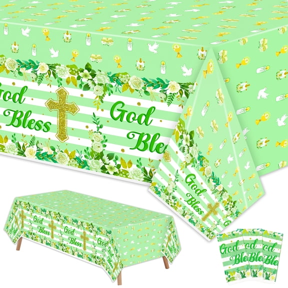 GROBRO7 Green Bless Party Tablecloths for Baby Shower First Communion Party ,Plastic Waterproof Table Cover, 3 Pcs