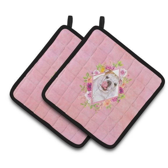 English Bulldog Pink Flowers Pair of Pot Holders