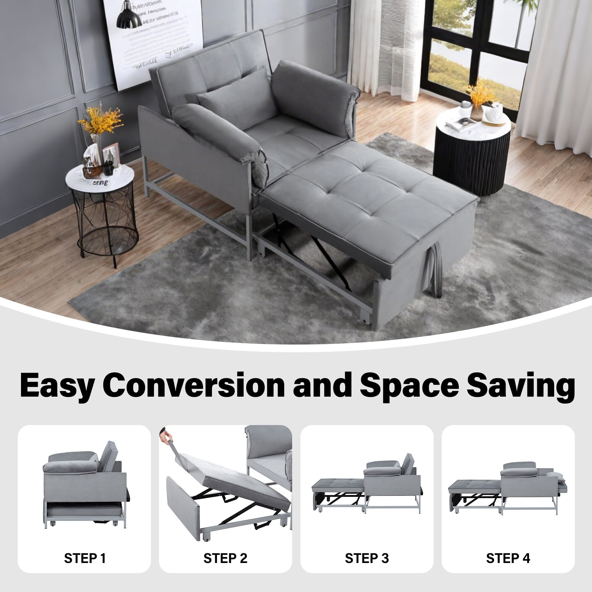 AENKYO 3-in-1 Convertible Sleeper Chair Bed with Adjustable Backrest, Velvet Chaise Lounge Sofa for Small Spaces, Gray