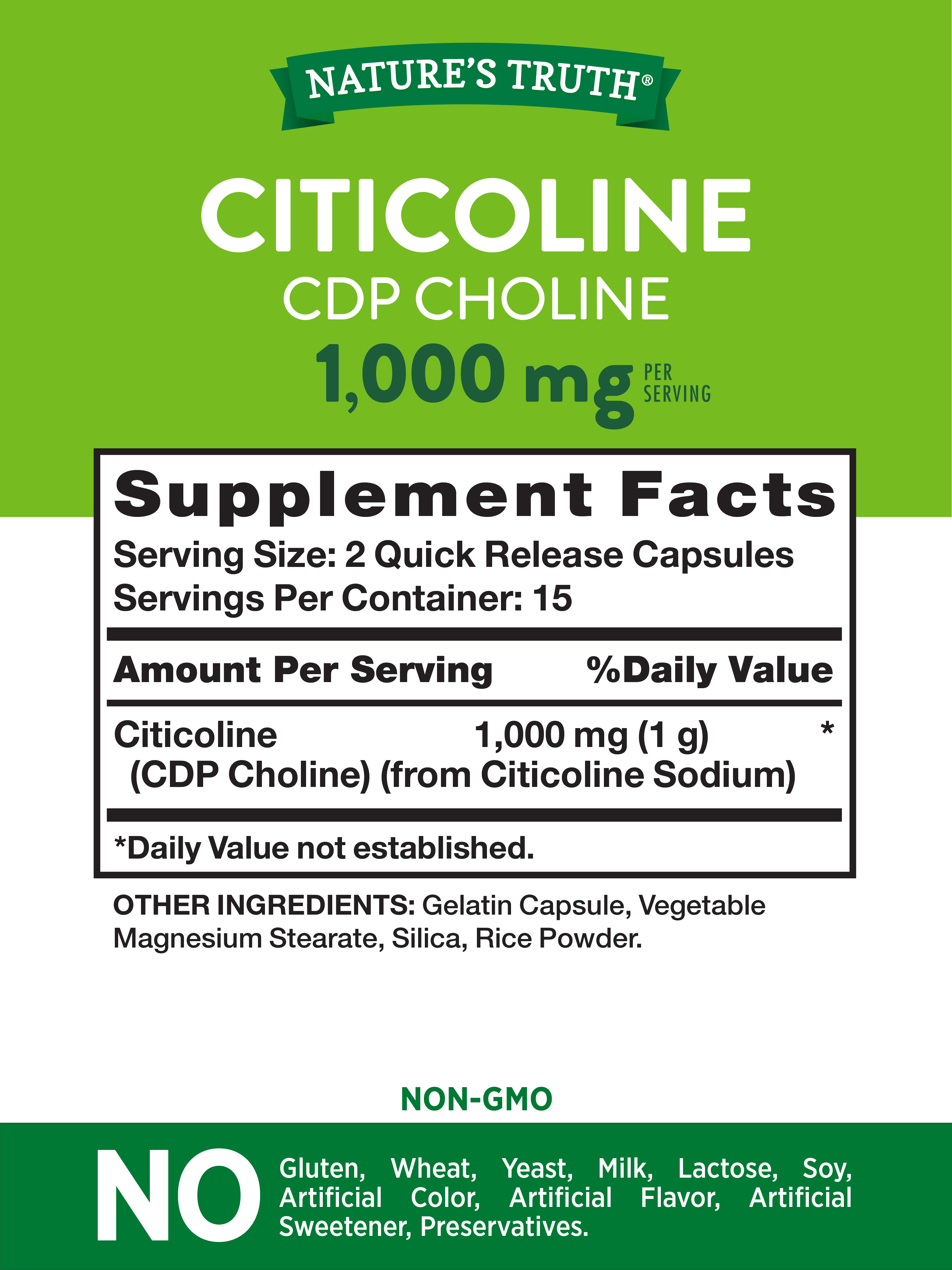 Citicoline 1000mg | 30 Capsules | CDP Choline | Non-GMO & Gluten Free Supplement | by Nature's Truth - image 5 of 6