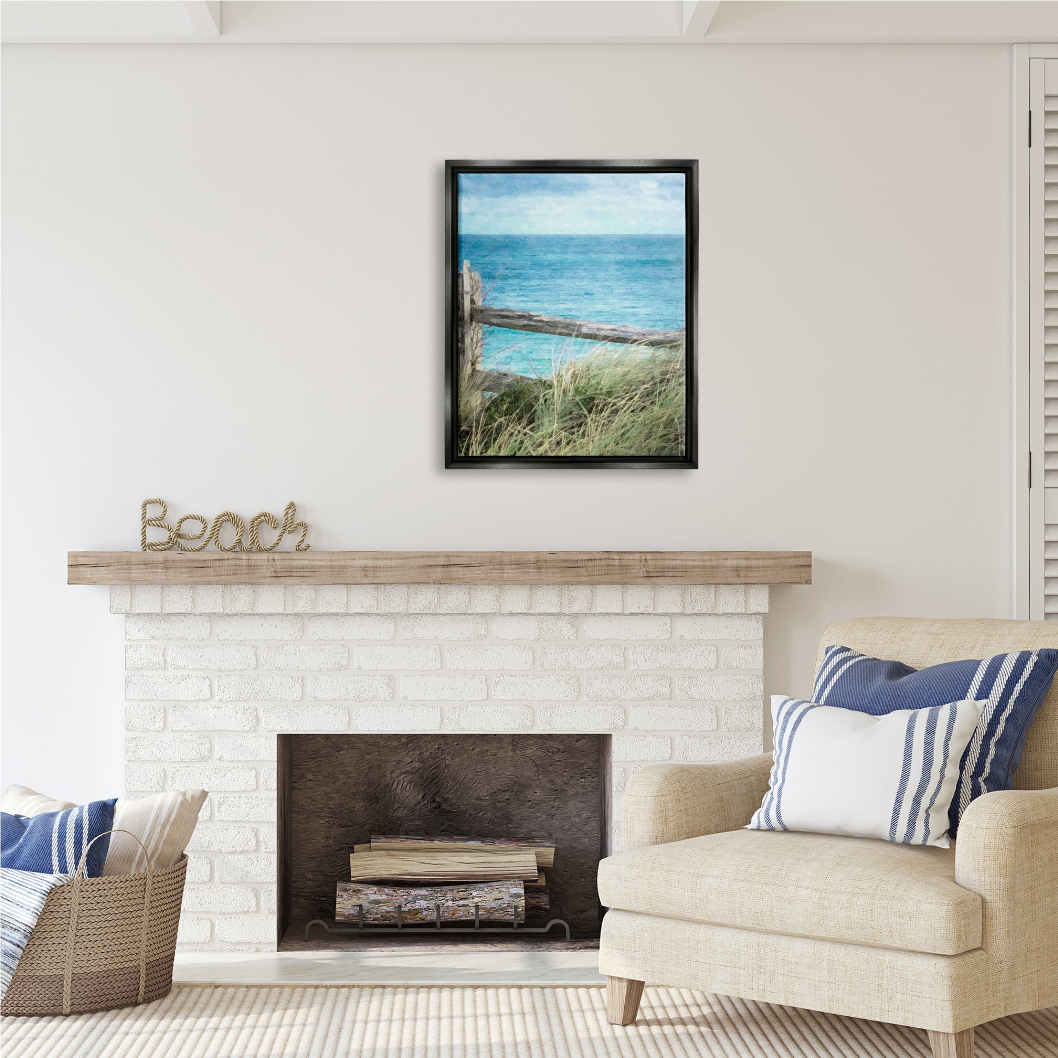 Stupell Industries Waterfront Beach Fence Nature Photography Black Floater Framed Art Print Wall Art, 25 x 31