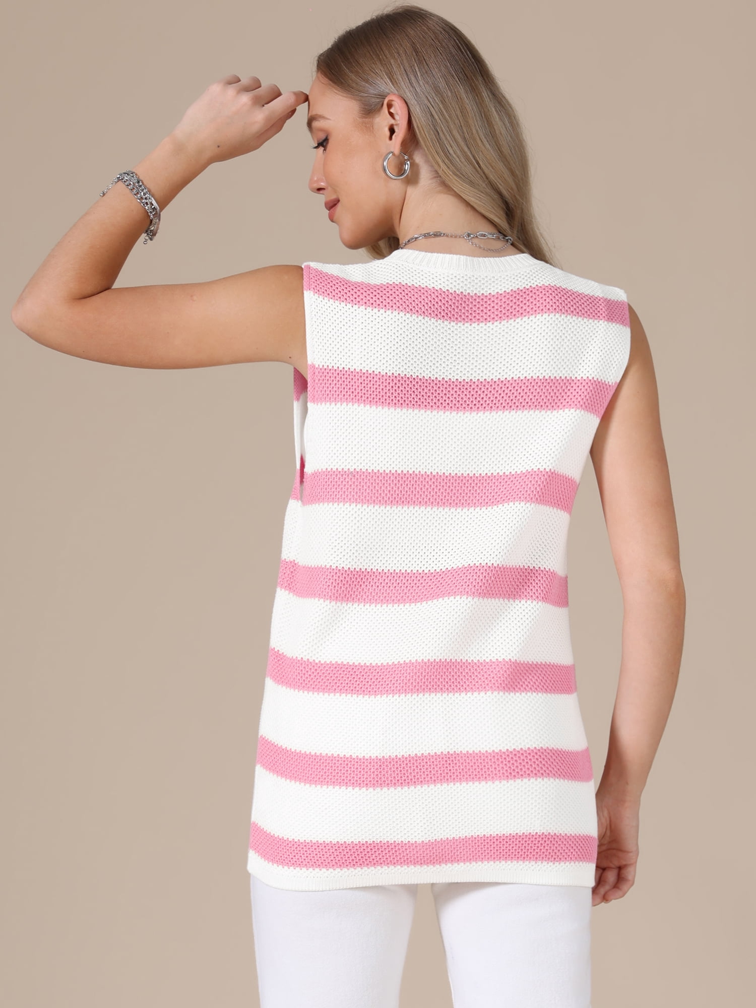 DARING DIVA Women's Crochet Tank Top Stripe Sleeveless Hollow Out Vest S Pink White