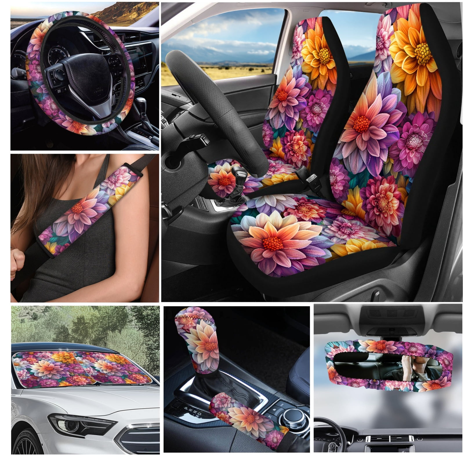 Yuyamidu Dalia Car Seat Cover Set for Women Colorful Flower Steering Wheel Cover Seat Belt Pads Handbrake Cover Set Car Window Shade Rearview Mirror Cover Cup Holder Wrist Key Chain 16 PCS