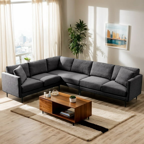 MUZZ L Shaped Sectional Sofa, Linen Modular Sofa Couch super Comfort, 6-Seats Living Room Conner Sofa, Dark Grey