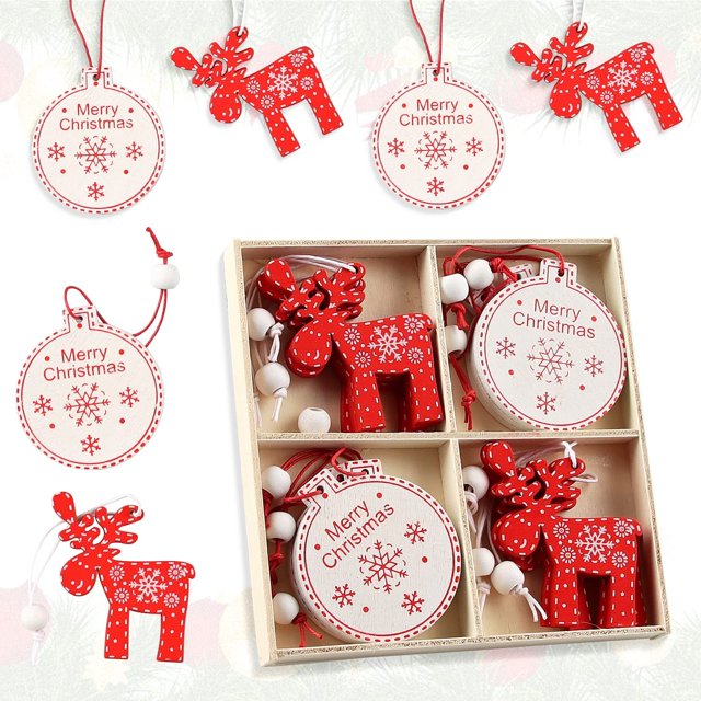 12 piezas Adornos colgantes de árbol de Navidad de madera, Colgantes de decoración de madera, Adornos colgantes de árbol de Navidad de madera con cajas de almacenamiento y cuerda y cuentas(J