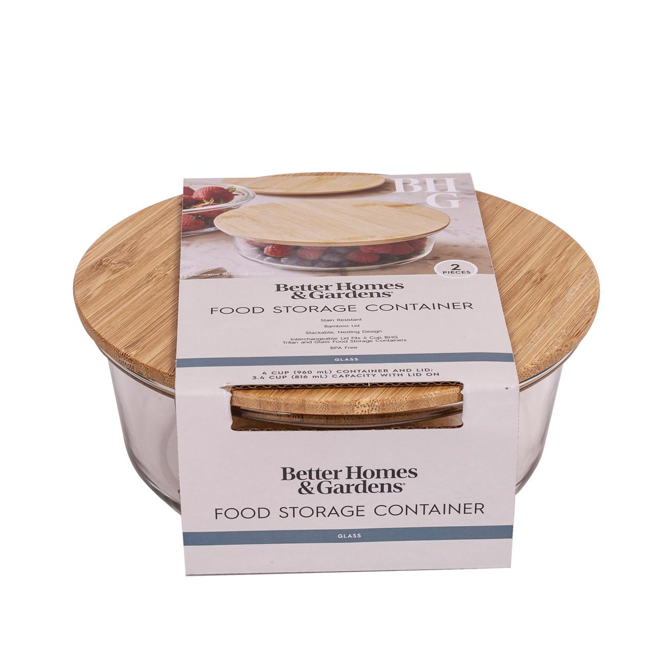 (2 pack) Better Homes & Gardens 4Cup Round Glass Food Storage Container with Bamboo Lid. Set of 1, 2 Pieces