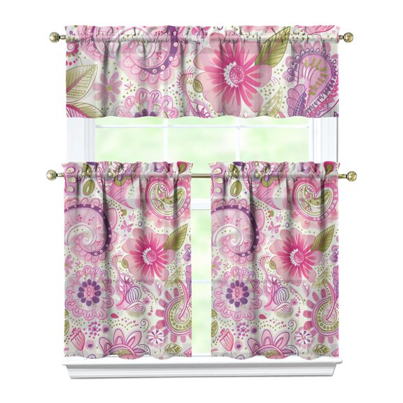 Vintage Rustic Curtains 36 Inch - 3 Panel Bohemian Floral Farmhouse Set with Wildflowers, Rod Pocket Kitchen Drapes