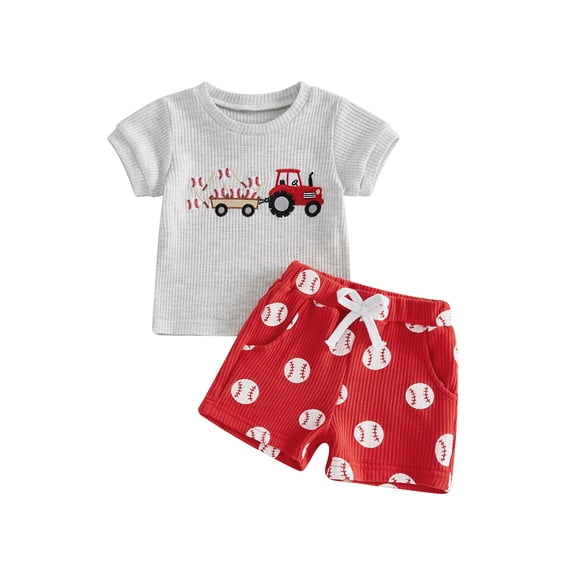 BemeyourBBs 2Pcs Toddler Baby Boy Summer Clothes Infant Baby Boys Baseball Outfits Waffle Knit Short Sleeve Baseball in Tractor Embroidery T-Shirt Shorts Set