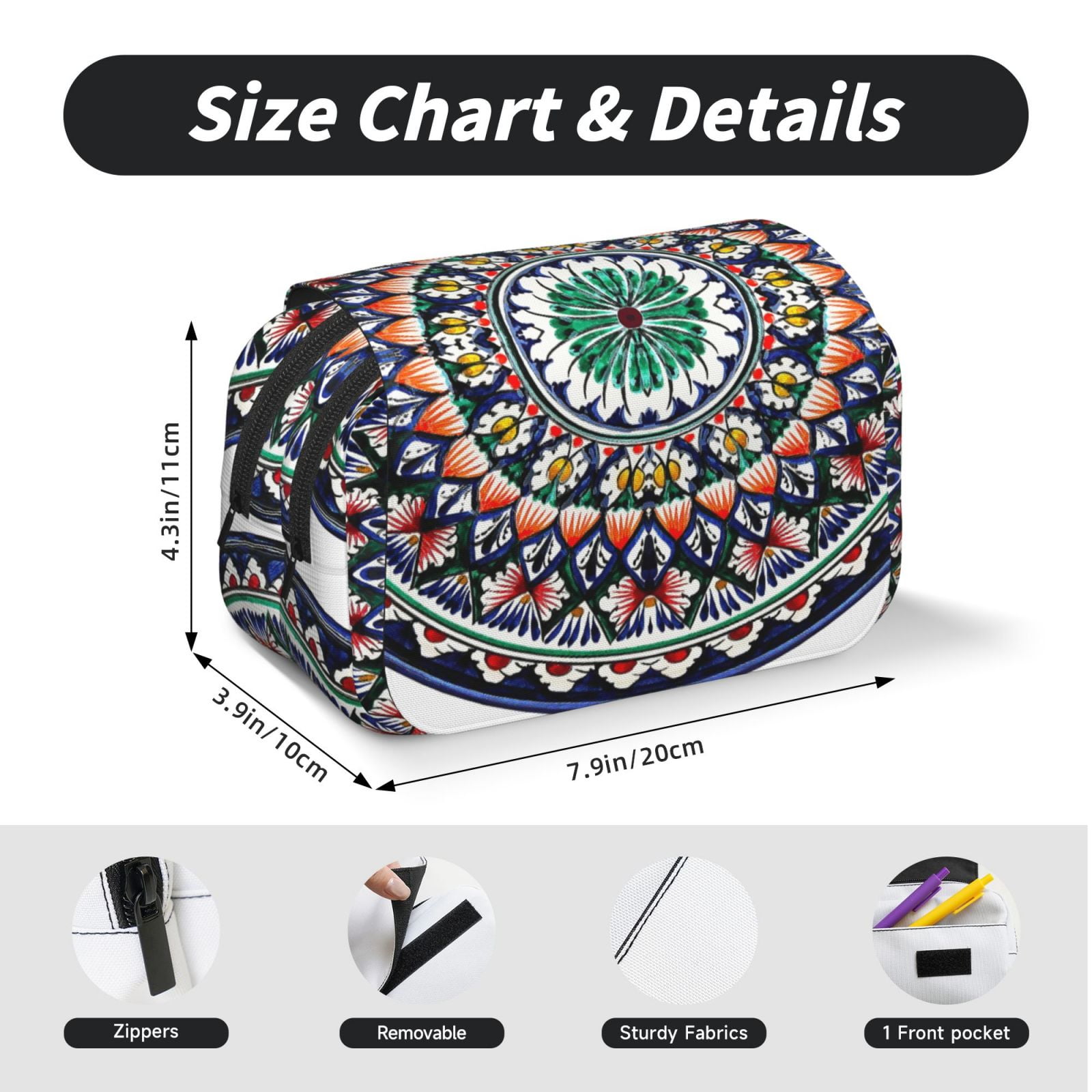 Rateoe Colorful With Blue Oriental Pattern Double Clamshell Pen Case, Storage Organizer with Two Zipper Compartments– Holds Up to 50 Pencils & Pens