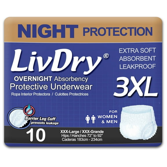 LivDry 3XL Overnight Adult Diapers for Women and Men, Max Protection Incontinence Underwear (XXX-Large, 10-Pack)