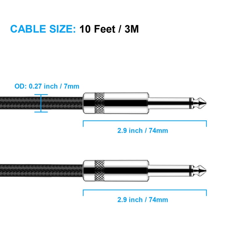 New bee 2pc 20ft Guitar Cable, 6.35mm 1/4 Inch Instrument Cable, Straight/Right Angle Plug Options for Electric Guitar, Bass, Amp & Effects Pedal, Shielded Oxygen-Free Copper Audio Cord (Black)