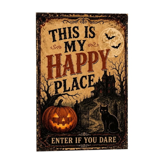 Fall Decorations Scary Garden Flag,Creepy Environment Decor Flag with "THIS IS MY HAPPY PLACE" Sign,Outdoor Hanging Ornament for Porch Fence and Garden Entry Space