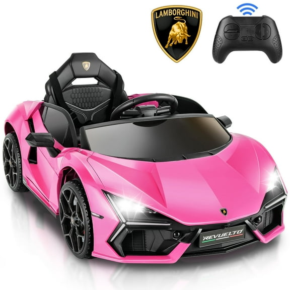 Funcid Kids Electric Ride On 12V Licensed Lamborghini Aventador Battery Powered Sports Car Toy with 3 Speeds Parent Remote Control, Sound System, LED Headlights & Hydraulic Doors, Pink