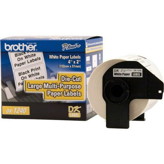 Brother DK1240 - Large Multi-Purpose White Paper Labels - 600 Label(s) - 2" Width x 4" Length - Direct Thermal - White - 1 / Roll | Bundle of 2 Rolls