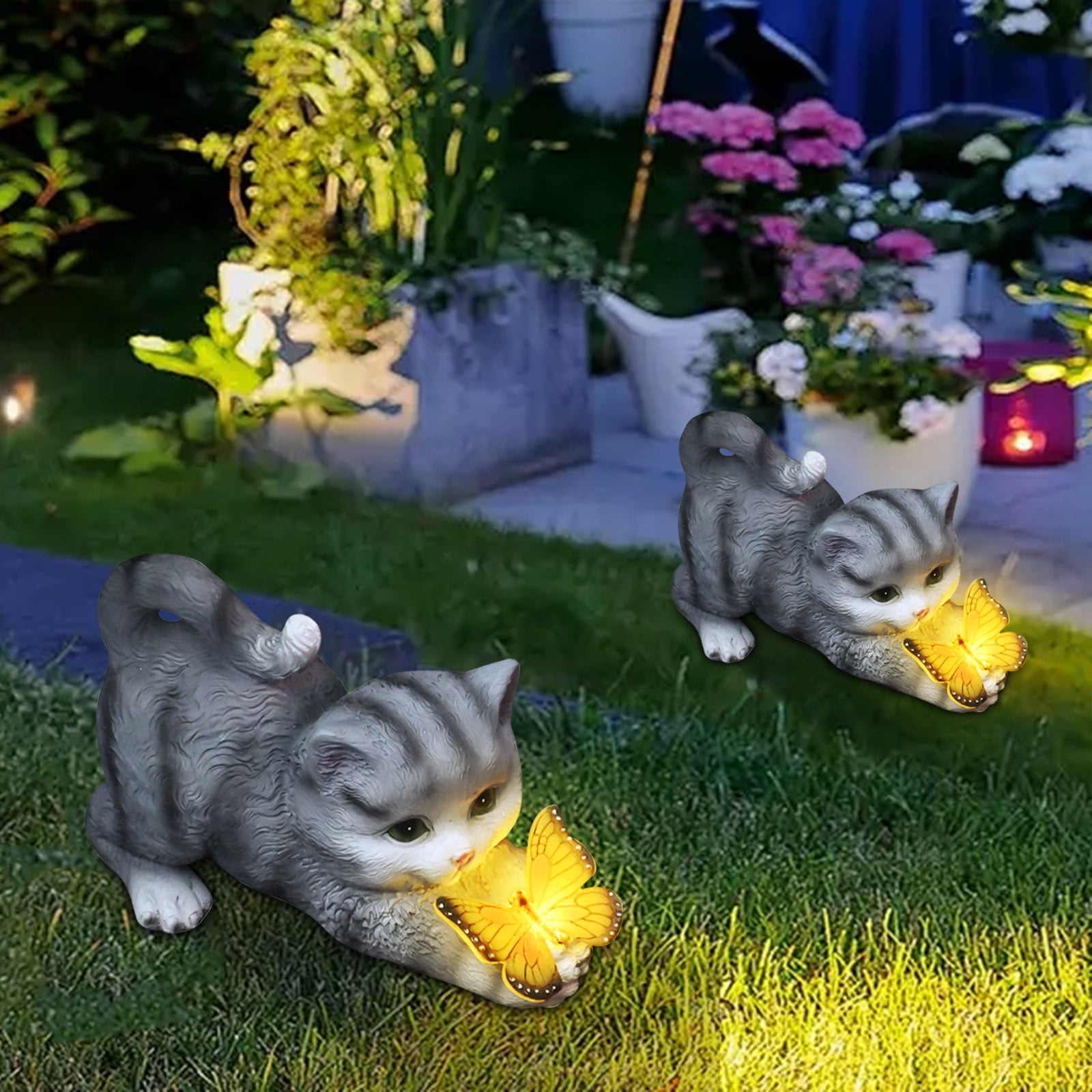 Garden Statue Cats with Solar Butterfly, Outdoor Sculpture for Patio, Lawn and Yard Decoration, Whimsical and Luminous Garden Ornament, Solar Powered Art Piece