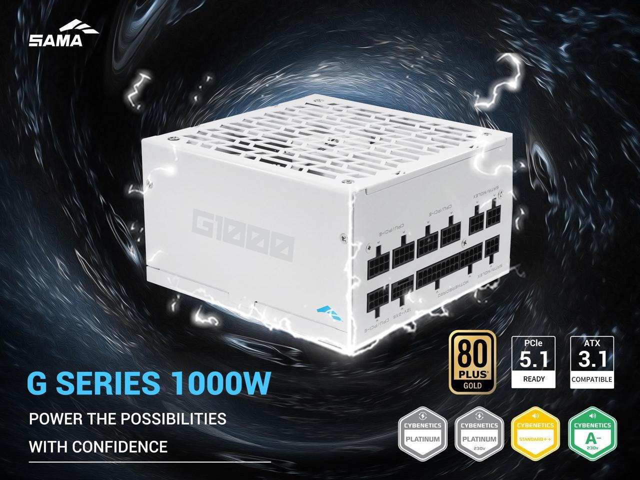 SAMA G1000W ATX 3.1 Power Supply, 1000W, Cybenetics Gold Standards, PCIe 5.1 Ready, Full Modular, Japanese Capacitors, FDB Fan, White Version