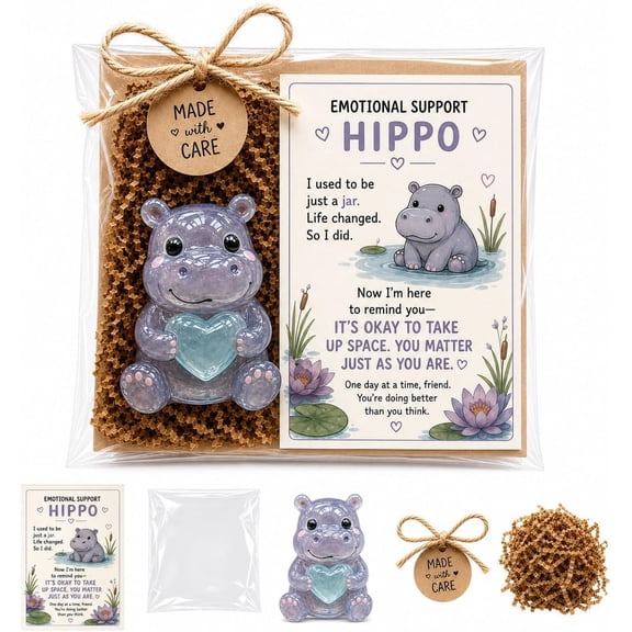 Emotional Support Glass Animal Gift Set, With Encouragement Greeting Card, Comfort Gift For Christmas Birthday Friendship Comfort Present (Hippopotamus)