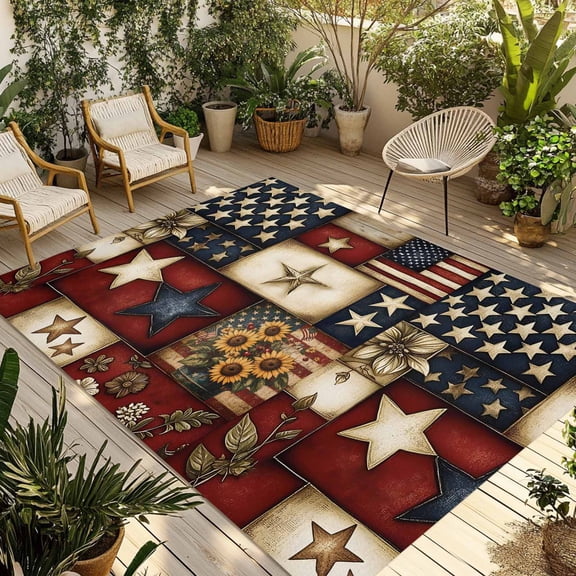 American Flag Outdoor Rug 5x7 Ft - Reversible Patio Rug Outdoor Camping Rugs, Texas Star Farmhouse Sunflowers Blue Red Washable Indoor Outdoor Area Rugs, Non-Slip Outdoor Carpet Runner for Deck/Porch