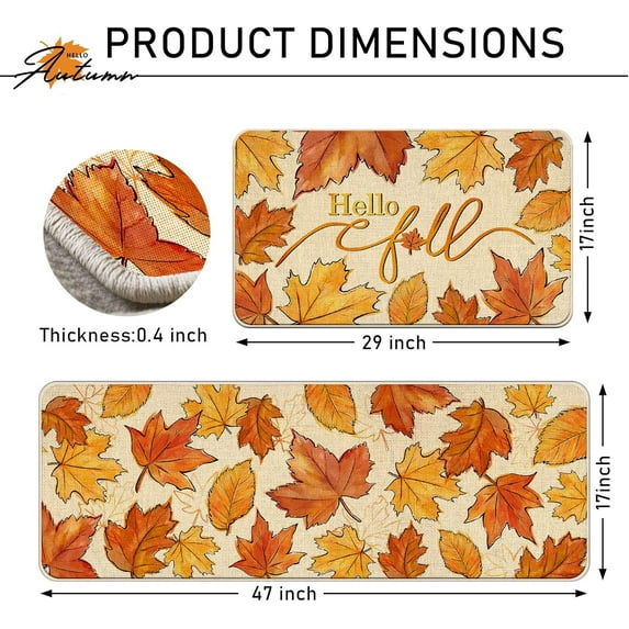 Hello Fall Maple Leaves Kitchen Rugs Set of 2, Autumn Leaf Farmhouse Kitchen Mats Seasonal Decor, Thanksgiving Rustic Floor Door Mat Home Decorations - 17x29 and 17x47 Inch