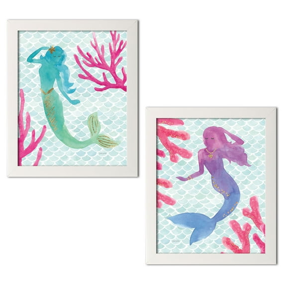 Gango Home Decor Coastal Mermaid Friends I & II by Jenaya Jackson (Ready to Hang); Two 11x14in White Framed Prints