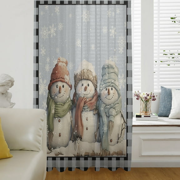 Christmas Semi Sheer Curtains Drapes for Living Room,Bedroom,French Doors Window 54 Inches Long,Blue Snowman Xmas Winter Snowflake Black Plaid Rod Pocket Chiffon Curtain Drapery Voile Drape Panel