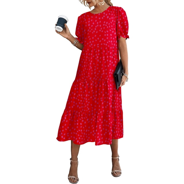 Vestido PRETTYGARDEN Floral Boho Midi con Mangas Abullonadas Rojo M