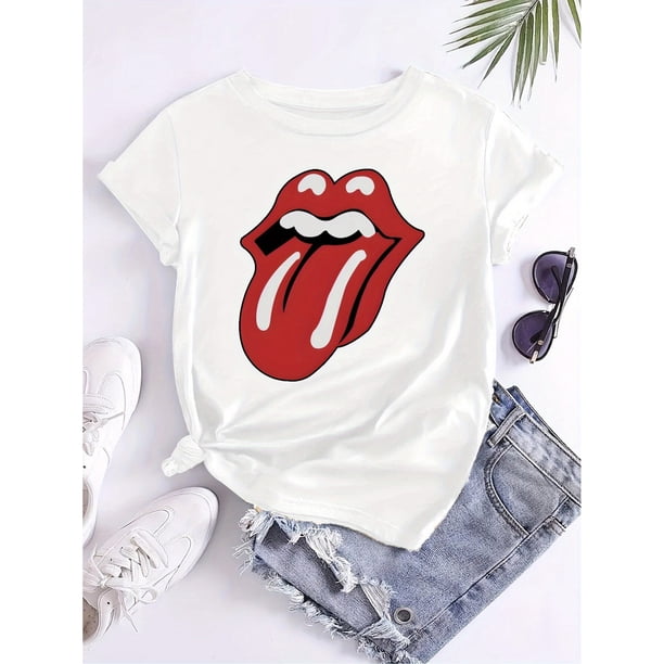 Camiseta con gráfico de Rock Band, estampada, cuello redondo, manga corta, ropa casual para el día a día, ropa de mujer