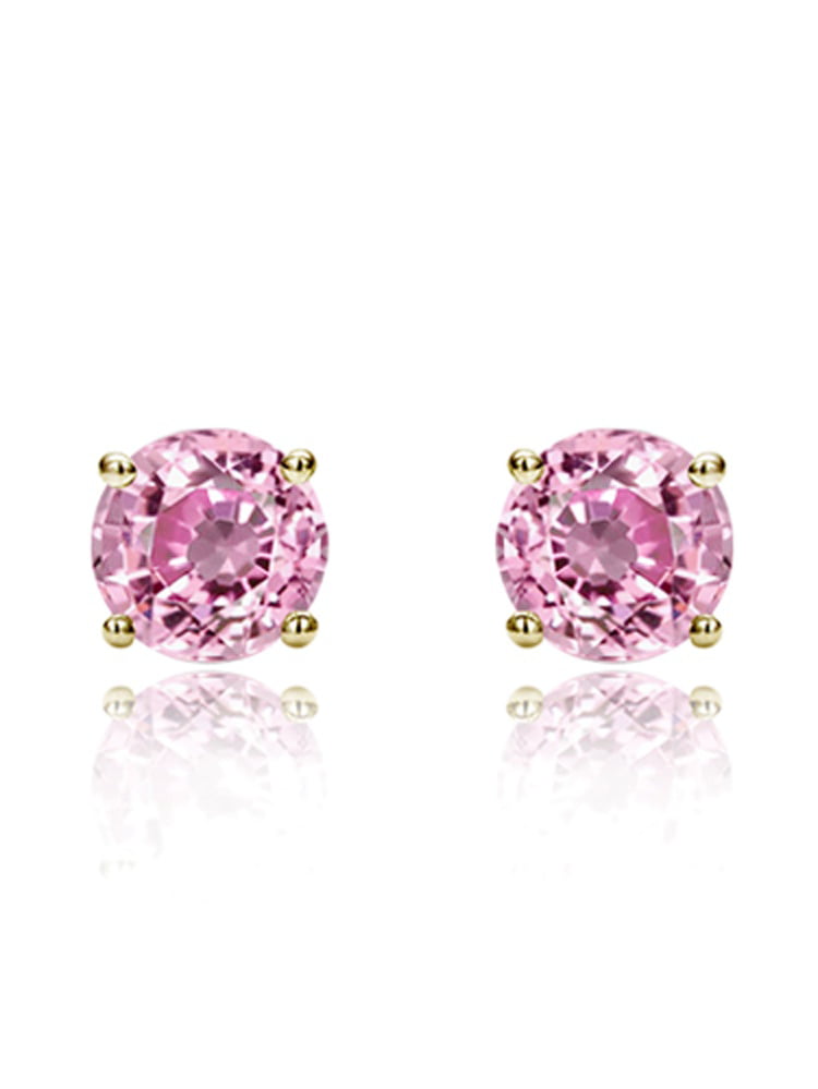 14K Yellow Gold 4mm Round Cubic Zircornia Prong Set Solitaire Screwback Stud Earrings - Pink