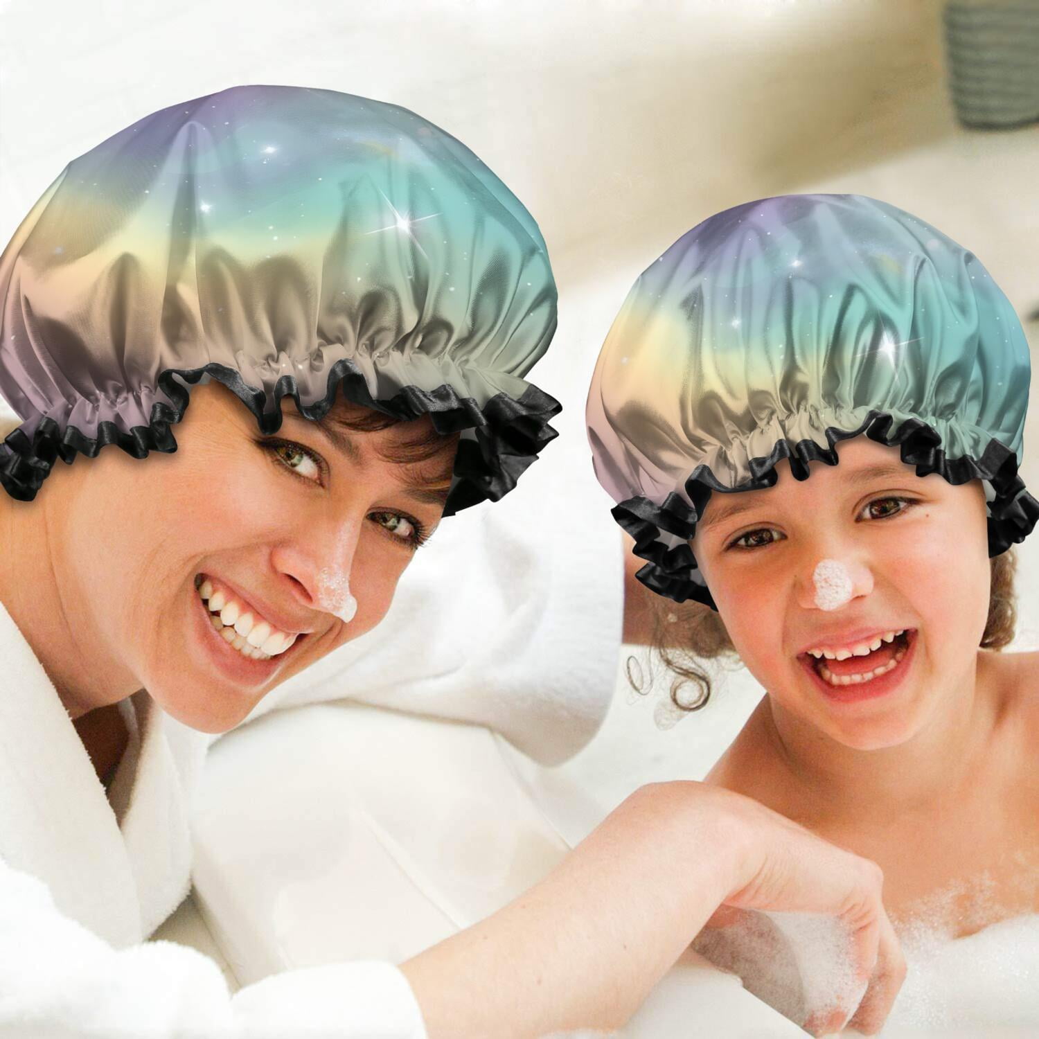 Shower Caps,Colorful Tie Dye Nebula Pattern Waterproof Shower Cap for Women 4 Pieces,Double Reusable Hair Cover for Shower PEVA Elastic Stretch Hem